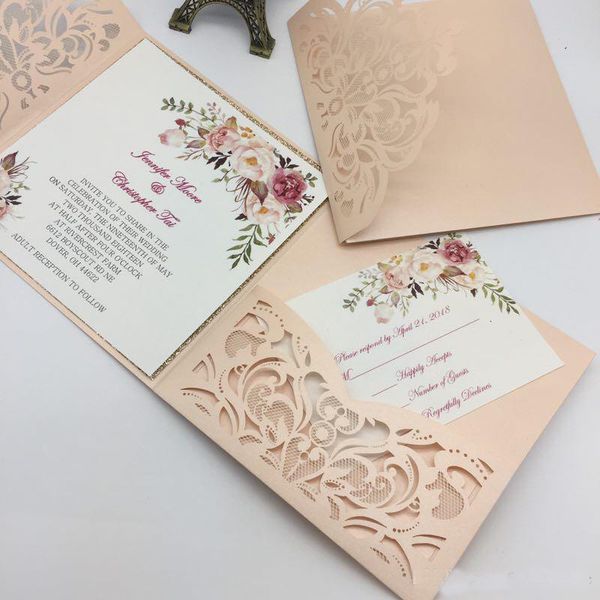 Nuevo estilo, tarjetas de invitación de boda con corte láser único, tarjeta de invitación nupcial con flor hueca personalizada de alta calidad