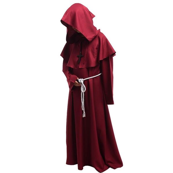 Nouveau unisexe Robe médiévale Vintage à capuche Cowled Friar Halloween fantaisie Cosplay prêtre moine manteau Robe Costume noir marron Burgundy302r