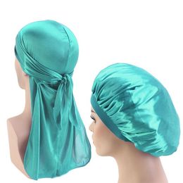 Nieuwe Unisex Silky Durag Lange staart en brede riemen golven voor mannen Solid Wide Doo Rag Bonnet Cap Comfortabele Slaaphoed