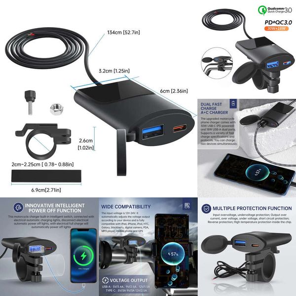 Nuevo adaptador PD de 12 V de vehículo de motocicleta montado en motocicleta MotorcLeo MotorcLeo de nuevo Puerto USB Puerto USB de 12V Cargo 3.0 Accesorio de moto