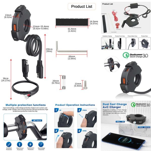 NUEVO actualizado de 12V motocicleta USB USB Fast Charger impermeable Tipo-C Puerto Puerto Salida de alimentación Soporte de montaje Moto Accesorios