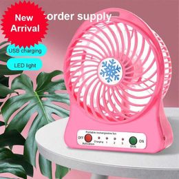 Nieuwe USB Desktop Small Fan Student opladen Handige Mini Fan Snowflake Fan Night Light Handheld Outdoor