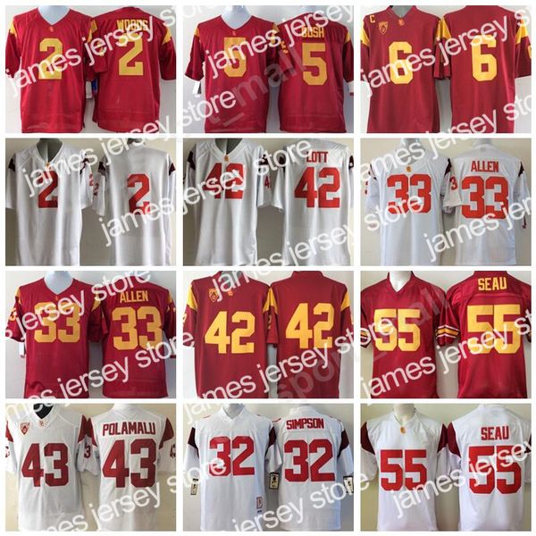 Nuevos jerseys de fútbol americano universitario de los Trojans de USC Allen Lott Woods Sanchez Seau Bush University PAC 12 Equipo de bordado Rojo Blanco Deportes Hombres calientes