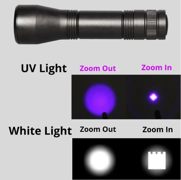 Nouvelles lampes de poche UV Torches Modes Led Uv Traviolet Torch Avec Zoom Multifonction Mini Lumière Noire Pet Urine Détecteur De Taches Scorpion Chasse Torche