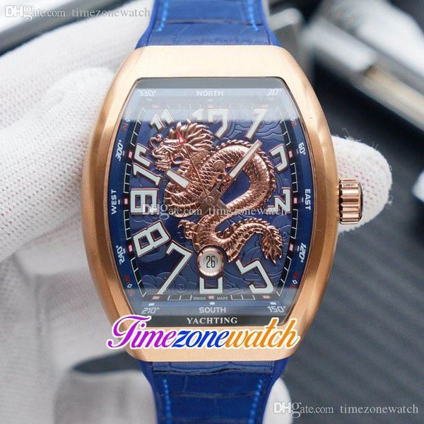 Nuevo V45 Fecha 44 mm Caja de oro rosa Esfera azul 3D Oro rosa Dragon King Reloj automático para hombre Relojes de goma de cuero Timezonewatch TWFM E200a1