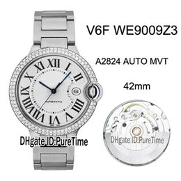 Nieuwe V6F WE9009Z3 ETA A2824 automatisch herenhorloge diamanten bezel witte getextureerde wijzerplaat zwarte Romeinse markeringen stalen armband editie 248K