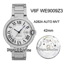Nieuwe V6F WE9009Z3 ETA A2824 automatisch herenhorloge diamanten bezel witte getextureerde wijzerplaat zwarte Romeinse markeringen stalen armband editie 323F