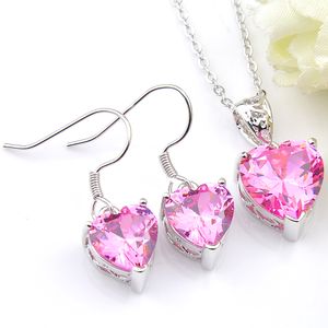 Luckyshine 925 juegos de joyas de plata para mujer corazón rosa kunzita gemas collares colgantes pendientes conjuntos de boda con cadena