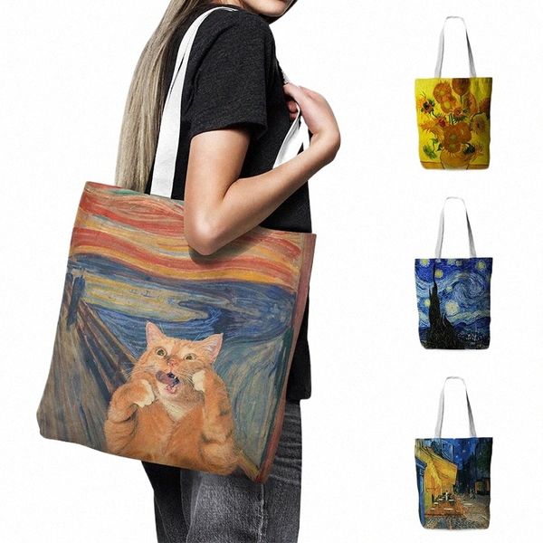 Nouveau van Gogh Oil Painting Femmes Tolebag Handbag Iris fr Starry Night Retro Casual Female Sac Sac de boutique réutilisable Q5SE #