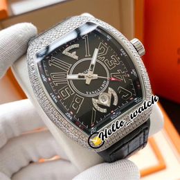 Nieuwe Vanguard Crazy Hours V45 automatisch herenhorloge met diamanten rand zwarte wijzerplaat 3D-nummermarkeringen stalen behuizing lederen rubberen horloges Hel271m