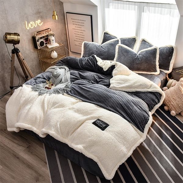 Nouveaux ensembles de literie en molleton de velours 4pcs housse de couette à rayures drap-housse plat taie d'oreiller hiver linge de lit chaud flanelle queen king 201210