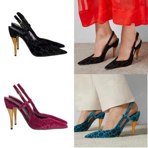 Nouveau velours jacquard bouts pointus Slingback pompes sandales de luxe robe de créateur talons métalliques talons aiguilles hauts chaussures de carrière de bureau de fête taille 35-42