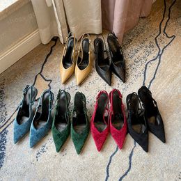 Nouveau velours jacquard tissage bouts pointus Slingback pompes chaussures talons aiguilles sandales 8,5 cm femmes sandales à talons hauts peau de veau chaussures habillées de luxe avec boîte