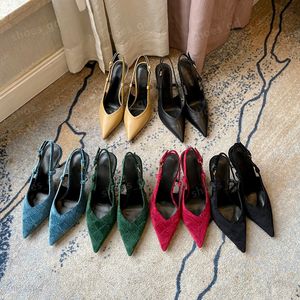 Nieuwe fluwelen jacquard geweven puntige tenen slingback pumps schoenen stiletto hakken sandalen 8,5 cm dames sandalen met hoge hakken kalfsleer luxe designer kledingschoenen met doos