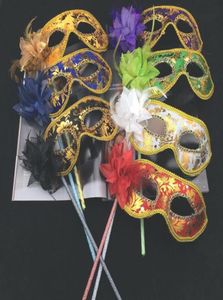 Nieuwe Venetiaanse maskerade fancy dress masker op stok Mardi Gras kostuum oogmasker afdrukken Halloween Hand Held Stick Mask feestelijk party4826014