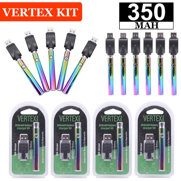 Nuevo Vertex 350mAh VV Rainbow Vape Batería 510 Hilo Cargador USB Blister Kit Embalaje Precalentamiento Vaporizador Voltaje variable Pluma Rainbow Baterías