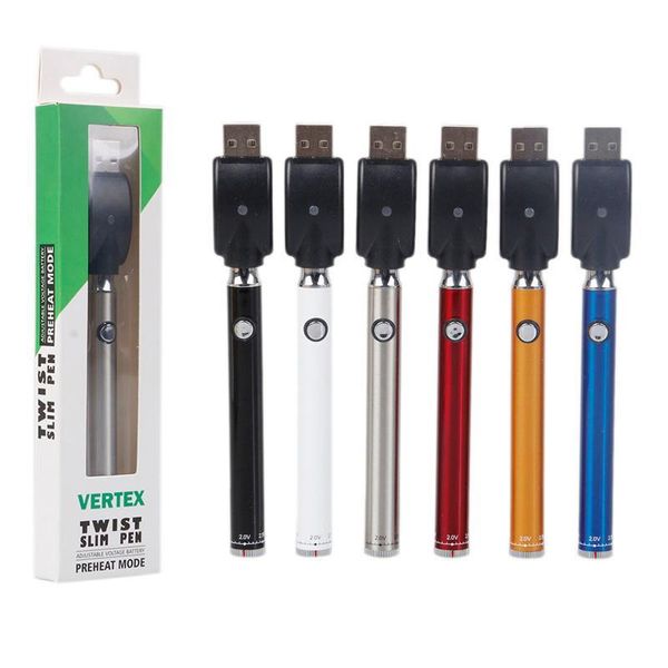 Nueva ley de vértice Twist Battery Slim Pen PREHEAT 350 mAh Vape Pen Buque de voltaje ajustable Ajustable Variable VV Kit de cargador USB para 510 cartuchos