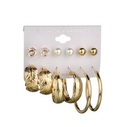 Nieuwe Vintage 6pairsets Silver / Gold Color Mix Pearl Oor Stud Circle Oversize Earring Set voor Vrouwen Breed Statement Hoop Oorbel
