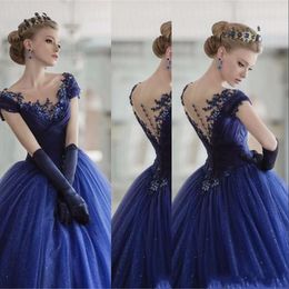 Nieuwe vintage baljurk Quinceanera jurken schep nek dop mouwen kanten appliques tule marineblauw zoet 16 feesten lange prom avondjurken