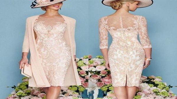 Nouveau Vintage Bateau Gaine Dentelle Mère De La Mariée Robes De Grande Taille Formelle 34 Manches Genou Longueur Sheer Cou Applique Mère Groo4455875