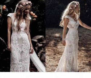 Nouvelles robes de mariée bohème vintage Cape Sleeves 2021 Hppie Style Crochet Cotton Lace Beach Boho Country Sirène Bridal Bridal Wed3481466
