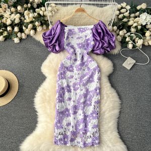 Nouvelles robes décontractées vintage élégantes sexy hautes hautes lece slash cou de manche bouffée robe de vacances vestidos mince femme fête robe cérémonielle 2024