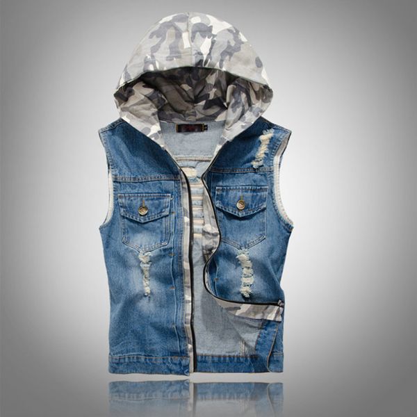 Nouveau Design Vintage hommes Denim gilet Slim Fit à capuche veste sans manches gilet hommes fermeture éclair trou décontracté gilet jean gilet