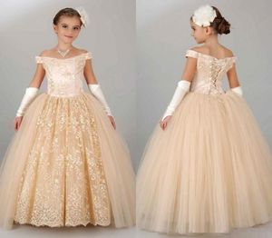 Robes de filles de fleur vintage pour mariage hors épaule dentelle champagne princesse fête enfants anniversaire fille pageant robes 2326019