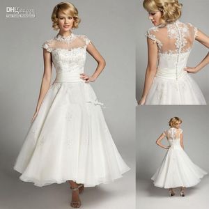 Nouveau Vintage col haut robes de mariée cheville longueur mancherons perles paillettes ivoire dentelle organza courtes robes de mariée sur mesure