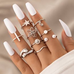 New VIntage Hug Flower Wave Knuckle Rings Punk Fashion Star Cross Pearl Zircon Knuckle Finger Ring Set per gioielli da donna