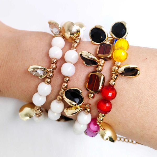 Nouveau Vintage brillant perles colorées bracelet pour femmes filles plaque d'or noir blanc cristal breloques mode poignet main bijoux cadeaux