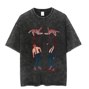 Nuevas camisetas Vintage lavadas, camisetas de Anime para hombre con motosierra, camisetas Haruku de verano, ropa de calle de moda 100% de algodón, camisetas informales Unisex
