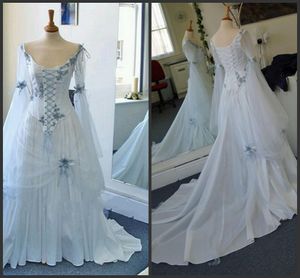 Nouvelles robes de mariée vintage blanc et bleu pâle coloré robes de mariée médiévales encolure dégagée corset manches longues cloche appliques fleurs 419