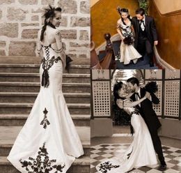 Nouveau Vintage blanc et noir sirène robes de mariée chérie élégante dentelle appliques perlées robes de mariée robe de mariage robes de mariée de jardin