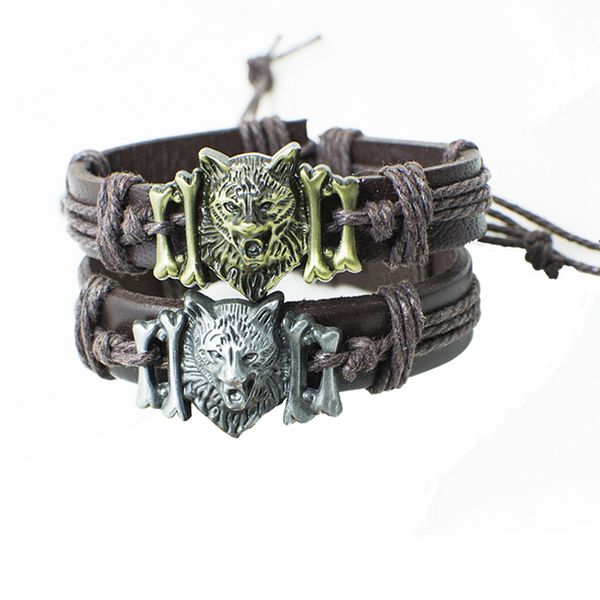 Nouveau Bracelet en cuir tissé Vintage corde à main en alliage de Bronze tête de loup Bracelets porte-bonheur pour hommes jeu de trône bijoux de mode
