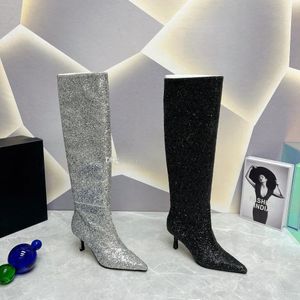 Nieuwe Altviool Glitter Leren Knielaarzen Puntschoen Stiletto hakken laarsjes Leren zool laars voor dames luxe designer Jurk Avondfeest schoenen fabrieksschoeisel