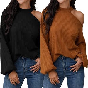 Nuevos tejidos de gofres tops para mujer desnatados camisetas de moda suéteres ropa túnica top fuera del hombro blusas sueltas de manga larga diseñador para mujeres