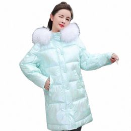 Nuevo abrigo femenino renunciado W colorido brillante Cott Mid-lg cuello de piel grande abajo ropa Cott estilo de invierno chaqueta delgada para mujer 158F #