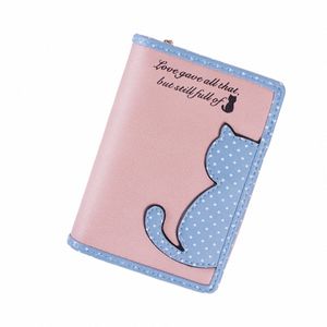 Nouveau portefeuille femme court coréen versi de mignon carto demi-côté chat PU cuir fermeture à glissière boucle étudiant porte-monnaie pliant multi- F5AU #