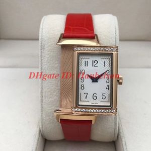 NIEUWE horloges 3352420 diamant Rechthoekige dameshorloges REVERSO Hoge kwaliteit case flip-functie Lederen band quartz Watch243R