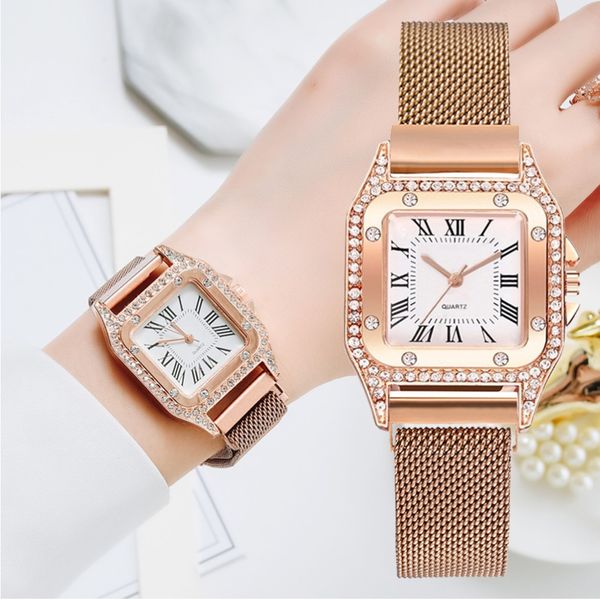 Nouvelles montres Women Square Rose Gold Wrist Montres Magnétique Match Match Matchs Ladies Quartz Clock Montre Femme 2434