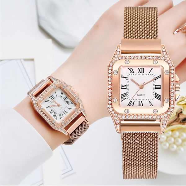 Nouvelles montres Women Square Rose Gold Wrist Montres Magnétique Match Match Matchs Ladies Quartz Clock Montre Femme 182P