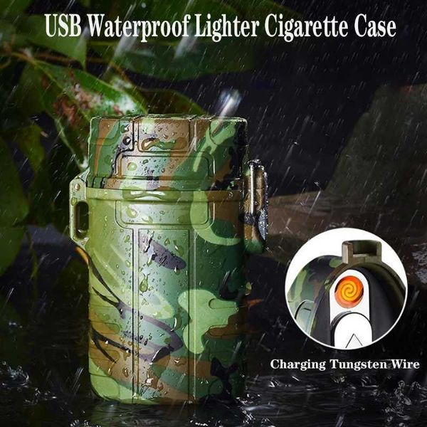 Nuevo estuche protector impermeable para cigarrillos, encendedor recargable por USB a prueba de viento, herramienta portátil de supervivencia al aire libre para regalo de 20 piezas JD9L