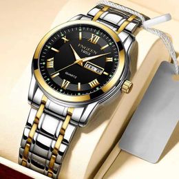 Nieuwe waterdichte herenhorlogekamer goud dubbele kalenderweek middelbare leeftijd en ouderwetse trend lichtgevend quartz horloge