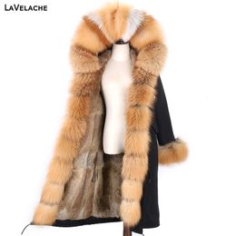 Chaqueta de invierno impermeable Abrigo de piel real Mujeres X-Long Parka 7XL Real Rabbit Fur Liner Natural Mapache Cuello de piel con capucha 201126