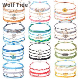 Neues Wachsfaden-Armband-Set, handgewebte Augen, Gänseblümchen-Muschel, kleine frische Perlen, Meeresperlen, Seilarmbänder für Frauen und Mädchen, Vsco Freundschaft, ästhetischer Schmuck im Großhandel