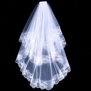 Bruids sluiers bruiloft accessoires witte ivoor mode korte twee laag kanten sluiers met kamappliques hoge kwaliteit