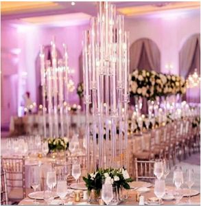 Nuevo centro de mesa de boda, candelabros de tubos acrílicos altos, candelabros de huracán de cristal para soporte de mesa con pantalla