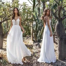 Nieuwe trouwjurk Sexy holle kant lange maxi jurk chiffon v nek backless feest strand bruiloft feestjurk vestido de fiesta de boda