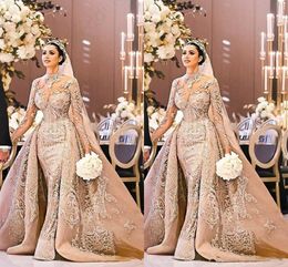 Nouveau arabe Dubaï robe de mariée à manches longues magnifique col haut 2020 sirène dentelle appliques détachable train robe de mariée robe de noiva 453